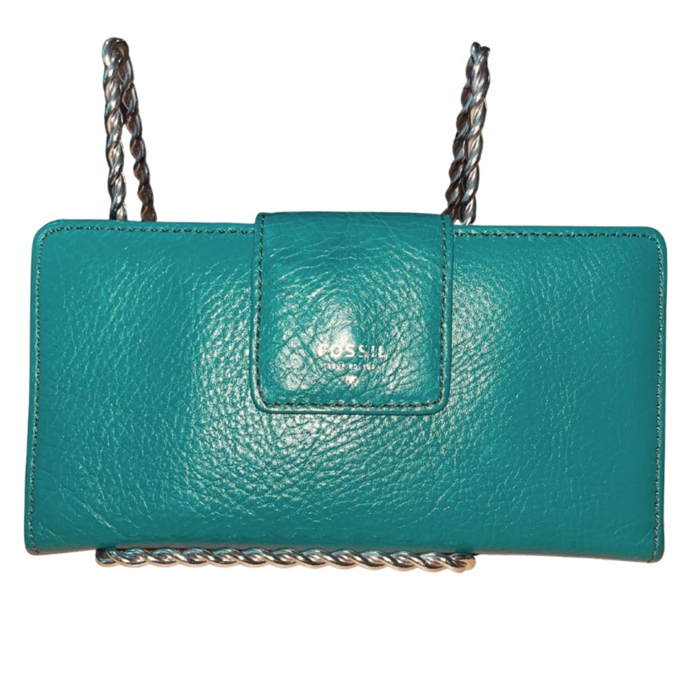 Vtg.Fossil Logan Tab Clutch Wallet in Tranquil Teal / Infinite Pink/Fig Interior